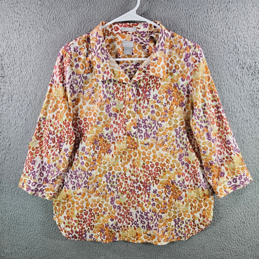 Chicos No-Iron Chic Stretch Shirt Womens 1 Medium 8 Animal Print Back Button 3/4